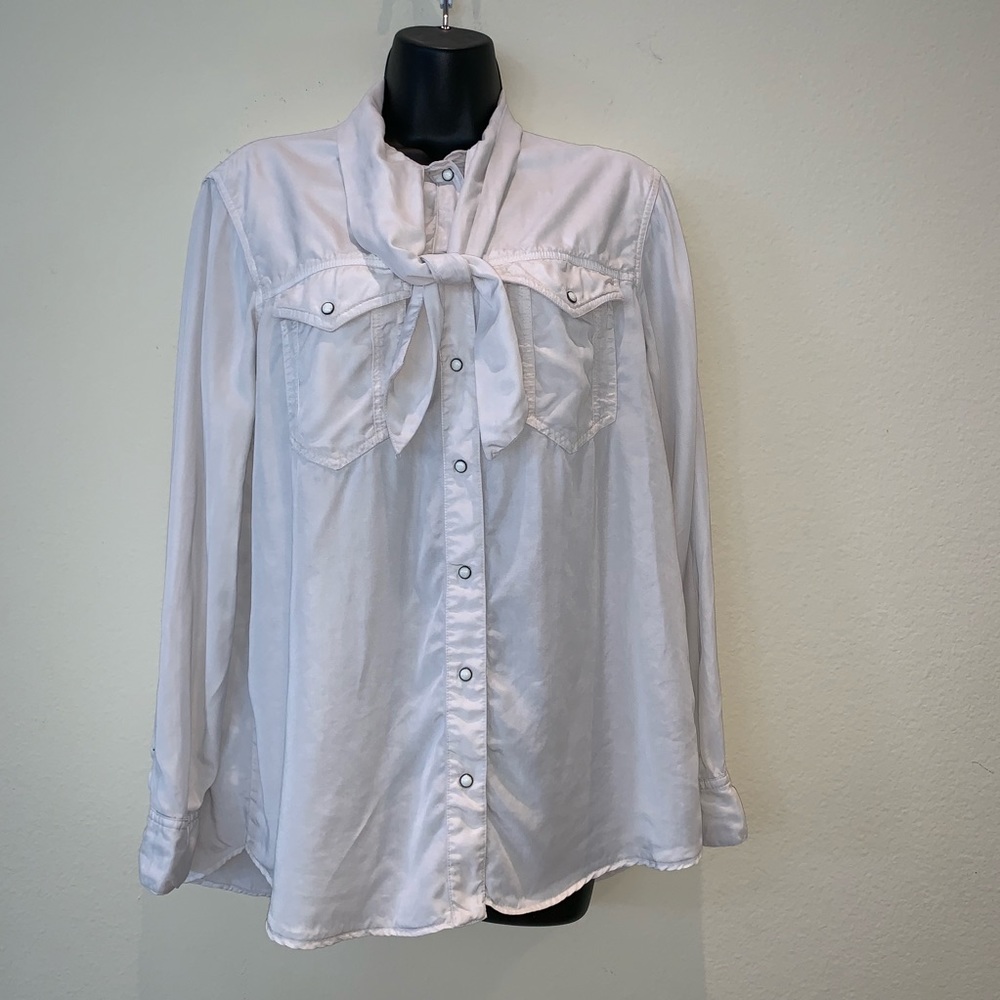 Zara White Bow Tie Neck Button Up Shirt